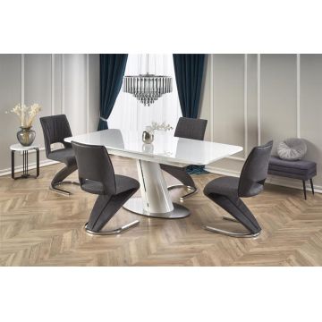 Set masa extensibila din MDF si metal, Odette Alb + 4 Scaune tapitate cu stofa si piele ecologica, cu picioare metalice, Kai-441 Gri / Negru, L160-200xl90xH76 cm