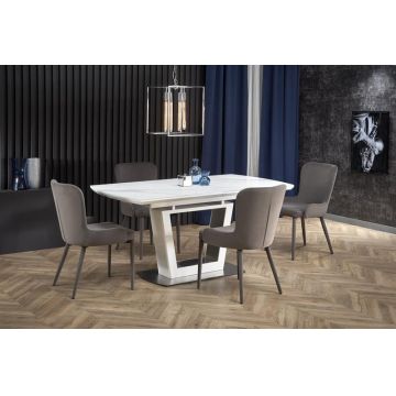 Set masa extensibila din sticla, MDF si metal, Blanchard Marmura / Alb + 4 Scaune tapitate cu stofa si picioare metalice, Kai-425 Velvet Gri, L160-200xl90xH76 cm