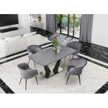 Set masa extensibila din sticla, MDF si metal, Fangoris Gri Inchis / Negru + 4 Scaune tapitate cu stofa si picioare metalice, Kai-421 Velvet Gri / Negru, L160-220xl90xH76 cm