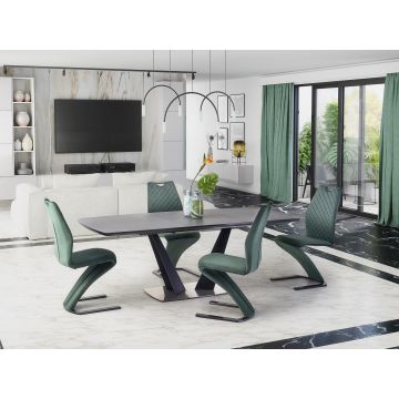 Set masa extensibila din sticla, MDF si metal, Fangoris Gri Inchis / Negru + 4 Scaune tapitate cu stofa si picioare metalice, Kai-442 Velvet Verde Inchis / Negru, L160-220xl90xH76 cm