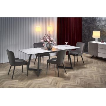 Set masa extensibila din sticla, MDF si metal, Tyzenna Gri Deschis / Gri Inchis + 4 Scaune tapitate cu stofa si picioare metalice, Kai-425 Velvet Gri, L160-210xl90xH76 cm