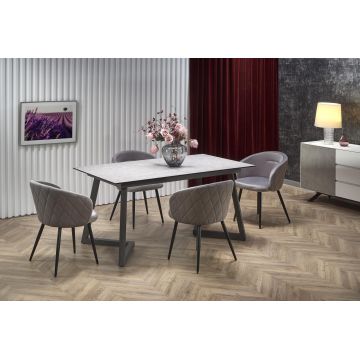 Set masa extensibila din sticla, MDF si metal, Tyzenna Gri Deschis / Gri Inchis + 4 Scaune tapitate cu stofa si picioare metalice, Kai-430 Velvet Gri / Negru, L160-210xl90xH76 cm