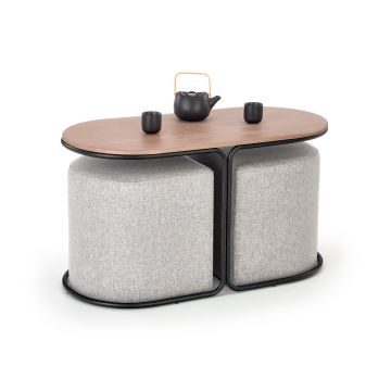 Masa de cafea din MDF si metal, Pompei Nuc / Gri / Negru + 2 Taburete, L88xl43xH49 cm