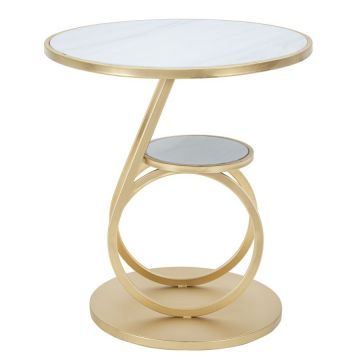 Masuta suport telefon din sticla, MDF si metal Ring Double Marmura / Auriu, Ø55xH60 cm