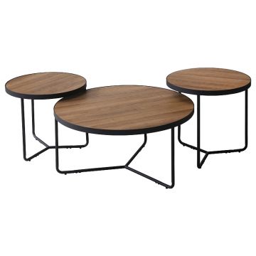 Set 3 mese de cafea din MDF, furnir si metal, Demarion II Nuc / Negru, Ø80xH40 cm / Ø50xH50 cm / Ø50xH45 cm