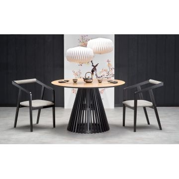 Set masa rotunda din MDF, furnir si lemn de fag, Maylin Natural / Negru + 4 Scaune tapitate cu stofa si picioare din lemn, Azzan Velvet Gri / Negru, Ø120xH77 cm