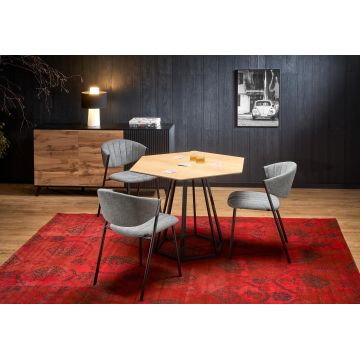 Set masa din MDF, furnir si metal, Heremon Natural / Negru + 4 Scaune tapitate cu stofa si picioare metalice, Kai-469 Gri / Negru, L110xl95xH77 cm