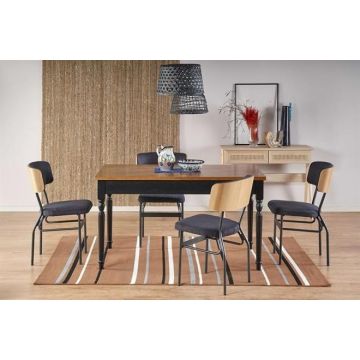 Set masa extensibila din MDF, pal si lemn de fag, Rocio Stejar Inchis / Negru + 4 Scaune din pal tapitate cu stofa si picioare metalice, Samart Velvet Gri Inchis / Natural / Negru, L140-220xl80xH76 cm