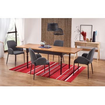 Set masa extensibila din MDF, pal si lemn de fag, Rocio Stejar Inchis / Negru + 4 Scaune tapitate cu stofa si picioare metalice, Kai-477 Gri / Negru, L140-220xl80xH76 cm