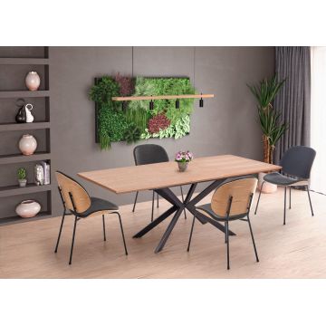 Set masa extensibila din MDF, pal si metal, Legacy Stejar / Negru + 4 Scaune din pal tapitate cu stofa si picioare metalice, Kai-467 Gri Inchis / Natural / Negru, L160-200xl90xH76 cm