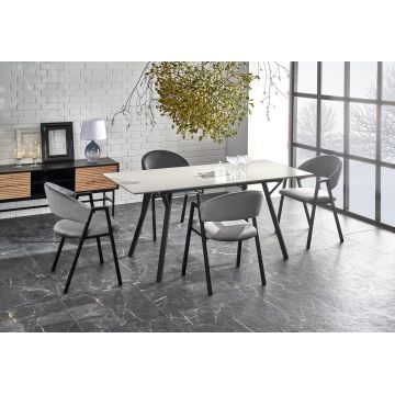 Set masa extensibila din MDF si metal, Ballari II Gri Deschis / Negru + 4 Scaune tapitate cu stofa si picioare metalice, Kai-473 Velvet Gri / Negru, L140-180xl80xH77 cm