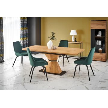 Set masa extensibila din MDF si metal, Diamantis Stejar Auriu / Negru + 4 Scaune tapitate cu stofa si picioare metalice, Kai-479 Velvet Verde Inchis / Negru, L160-200xl89xH76 cm