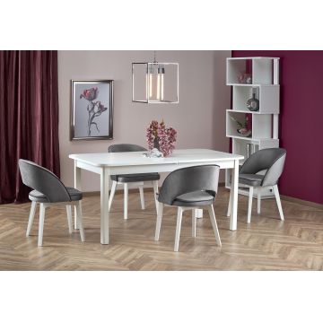 Set masa extensibila din MDF si pal, Florrie Alb + 4 Scaune tapitate cu stofa si picioare din lemn de fag, Maribel Velvet Gri / Alb, L160-228xl90xH78 cm