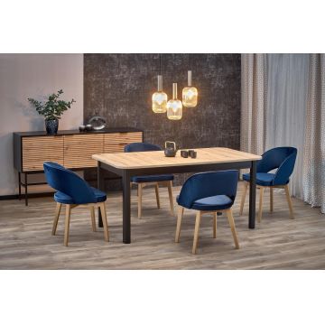 Set masa extensibila din MDF si pal, Florrie Stejar Artisan / Negru + 4 Scaune tapitate cu stofa si picioare din lemn de fag, Maribel Velvet Bleumarin / Stejar, L141-219xl80xH78 cm