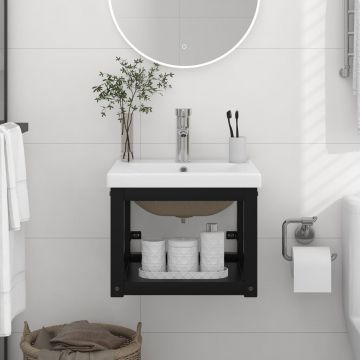 vidaXL Cadru lavoar baie cu chiuvetă încorporată, negru, fier