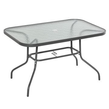 Outsunny Masa de gradina cu Orificiu pentru Umbrela, Mobilier de Exterior din Metal si Sticla 120x80x70cm