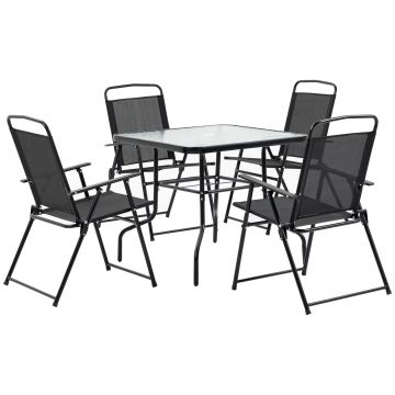 Outsunny Set Mobilier de Gradina 5 Piese din Metal, Salon de gradina cu 4 Scaune Pliabile si Masa cu orificiu pentru Umbrela, Negru