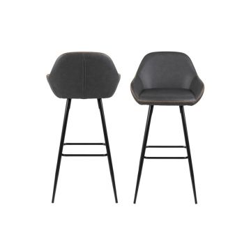 Set 2 scaune de bar tapitate cu piele ecologica si picioare metalice Candis Gri Inchis / Negru, l52,5xA53xH101,5 cm