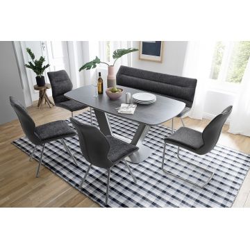 Set masa extensibila din MDF, ceramica si metal Jaruk Antracit / Gri + 4 scaune tapitate cu stofa si piele ecologica Orlando Antracit / Crom + 1 banca tapitata cu stofa Orlando Antracit / Crom, L160-200xl90xH76 cm