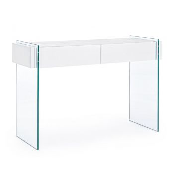 Consola din sticla si MDF, cu 2 sertare, Line Transparent / Alb, l110xA40xH75 cm