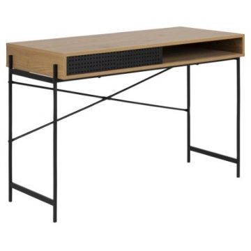Masa de birou din pal si metal, Angus Stejar Wild / Negru, L110xl50xH75 cm