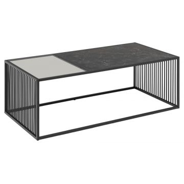Masa de cafea din sticla, pal si metal, Strington Rectangle Fumuriu / Negru, L120xl60xH40 cm