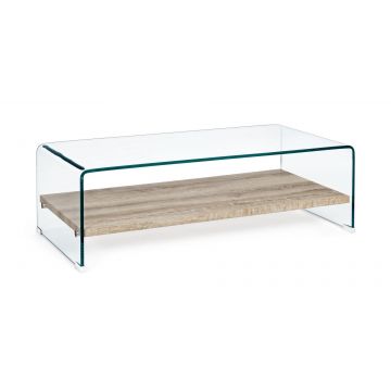 Masa de cafea din sticla si MDF, Kenya I Rectangular Transparent / Natural, L110xl55xH35 cm