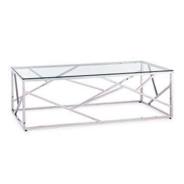 Masa de cafea din sticla si metal, Rayan Rectangular Transparent / Crom, L120xl60xH40 cm