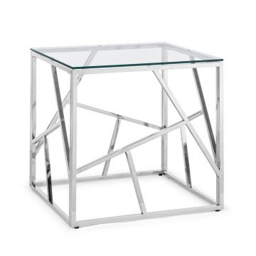 Masa de cafea din sticla si metal, Rayan Square Transparent / Crom, L55xl55xH55 cm