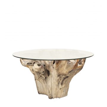 Masa rotunda din lemn si sticla, Teak Root Bleached Natural, Ø150xH78 cm