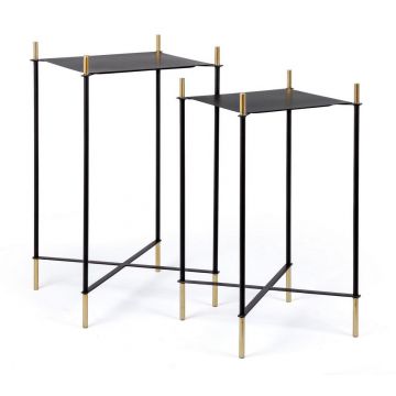 Set 2 masute suport telefon din metal Anisha Square Negru / Auriu, L39xl39xH71 cm / L34xl34xH64 cm