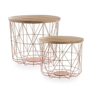 Set 2 mese de cafea, cu spatiu de depozitare, din lemn de mango si metal, Copper Natural / Cupru, Ø45xH39 cm / Ø40xH32 cm