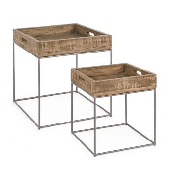 Set 2 mese de cafea din lemn de mango si metal Narvik Square Natural / Gri, L47xl47xH50 cm / L34xl37xH42 cm