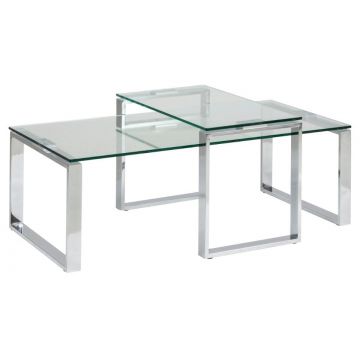 Set 2 mese de cafea din sticla si metal, Katrine Transparent / Crom, L115xl55xH37,5 cm / L69xl40xH45 cm