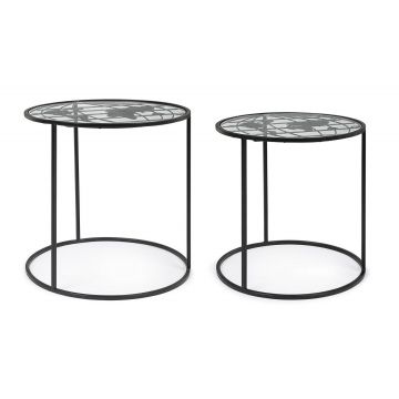 Set 2 mese de cafea din sticla si metal World Round Transparent / Negru, Ø45xH45 / Ø40xH41 cm