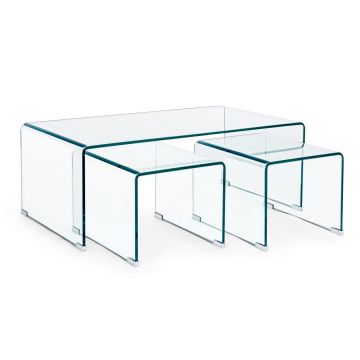 Set 3 mese de cafea din sticla, Iride Rectangular Transparent, L110xl60xH41 cm / L40xl50xH35 cm