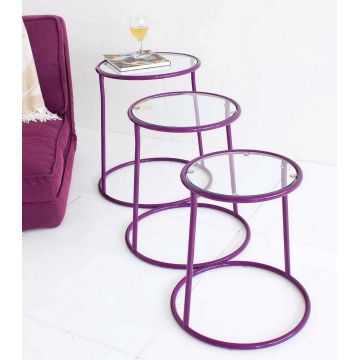 Set 3 mese de cafea din sticla si metal Magia Transparent / Violet, Ø48,5xH52 cm / Ø44xH48 cm / Ø40xH42,5 cm