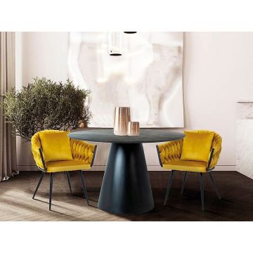 Set masa rotunda din MDF, Angelie Gri Inchis / Negru + 4 Scaune tapitate cu stofa si picioare metalice, Nurrin Velvet Mustariu / Negru, Ø120xH76 cm