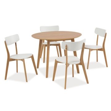 Set masa rotunda din MDF, furnir si lemn, Mosley II Stejar + 4 Scaune din lemn si MDF, Mosley Alb / Stejar, Ø90xH75 cm