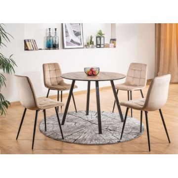 Set masa rotunda din MDF, furnir si metal, Octavio Nuc / Negru + 4 Scaune tapitate cu stofa si picioare metalice, Miley Velvet Bej / Negru, Ø100xH75 cm