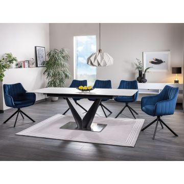 Set masa extensibila din ceramica, MDF, sticla si metal, Cantado Alb / Negru + 6 Scaune rotative tapitate cu stofa si picioare metalice, Aziel Velvet Bleumarin / Negru, L160-220xl90xH76 cm