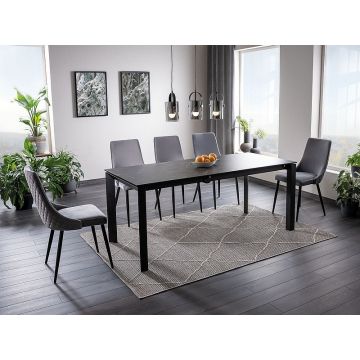 Set masa extensibila din ceramica, sticla si metal, Metrapolaris Negru + 6 Scaune tapitate cu stofa si picioare metalice, Pirro B Velvet Gri / Negru, L120-180xl80xH76 cm