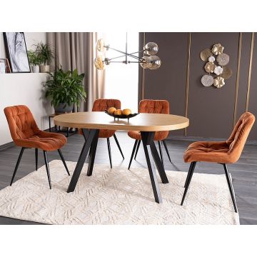 Set masa extensibila din furnir si metal, Dominy II Stejar Natural / Negru + 4 Scaune tapitate cu stofa si picioare metalice, Pasha Caramiziu / Negru, L140-272xl80xH76 cm