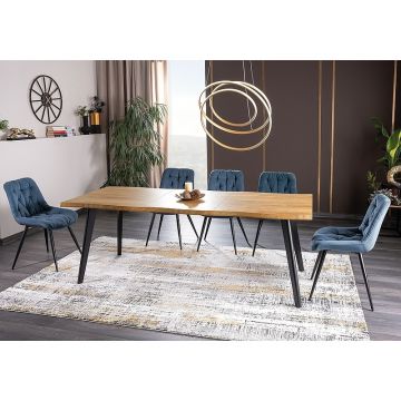 Set masa extensibila din MDF, furnir si metal, Freddy Stejar Natural / Negru + 6 Scaune tapitate cu stofa si picioare metalice, Pasha Bleumarin / Negru, L150-210xl90xH76 cm