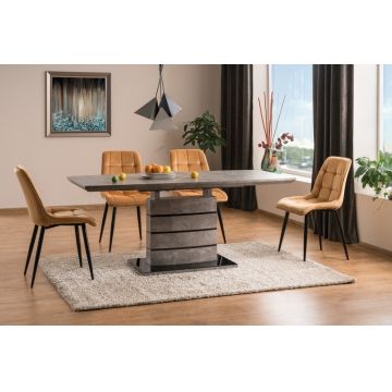 Set masa extensibila din MDF si sticla, Leonid Gri / Negru + 4 Scaune tapitate cu stofa si picioare metalice, Chase Velvet Mustariu / Negru, L140-180xl80xH76 cm