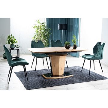 Set masa extensibila din MDF, sticla si furnir, Huddy Stejar / Negru + 4 Scaune tapitate cu stofa si picioare metalice, Arben Velvet Verde Inchis / Negru, L120-160xl80xH76 cm