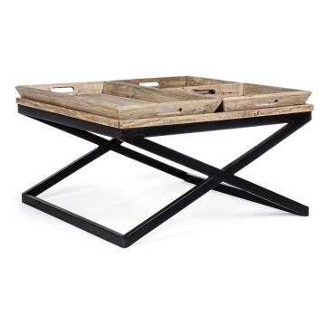 Masa de cafea cu 3 tavi servire, din lemn de mango si metal Tray Natural / Negru, L90xl90xH52 cm