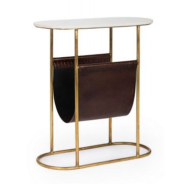 Masa de cafea cu suport pentru reviste, din marmura, piele naturala si metal, Marmol Ivoir / Maro / Auriu, L53xl23xH59 cm
