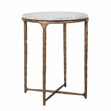 Masuta de colt Rotunda din Metal si Marmura Auriu antichizat/Alb D50xH60cm Steel Smith