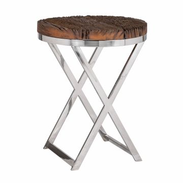 Masuta de colt Rotunda din Otel inoxidabil si Lemn Argintiu/Maro D45xH56cm Kensington